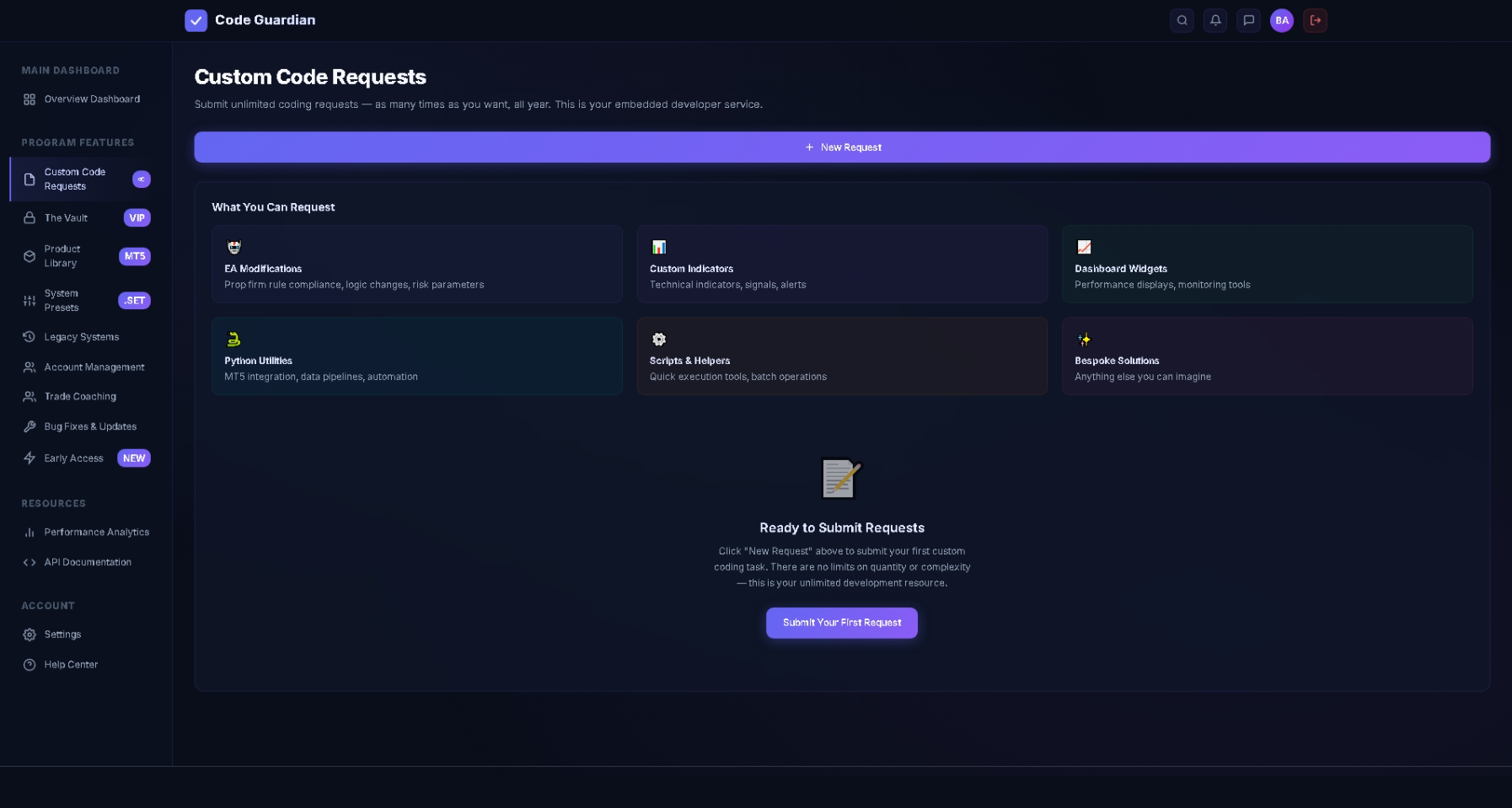 Code Guardian custom coding request dashboard showing EA modifications, custom indicators, Python utilities, scripts, and bespoke solutions